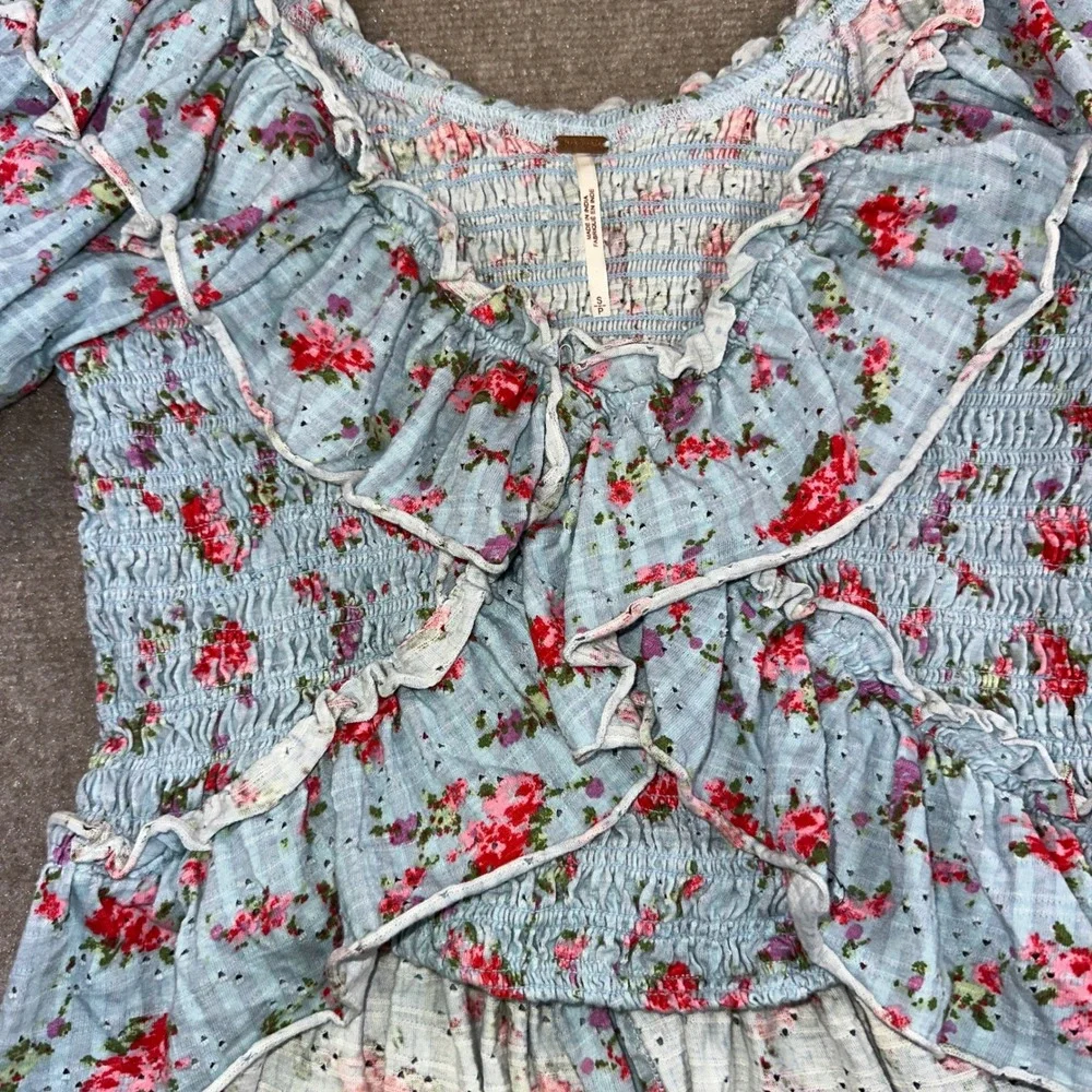 Free People Floral Smocked Ruffle Blouse Blue Gingham Puff Sleeve Top Small